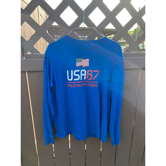 Polo Ralph Lauren USA 67 long sleeve blue T-shirt unisex size large - Picture 1 of 3
